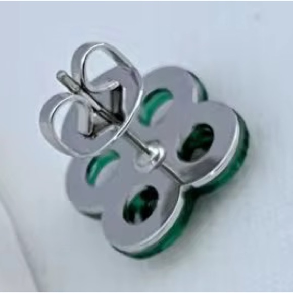 TORY BURCH STACKED GREEN + SILVER LOGO KIRA CLOVER STUD EARRINGS - Picture 4 of 6